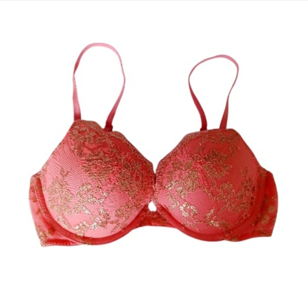 Victoria's Secret Coral and Gold Lace Push Up Bra, Size 32D